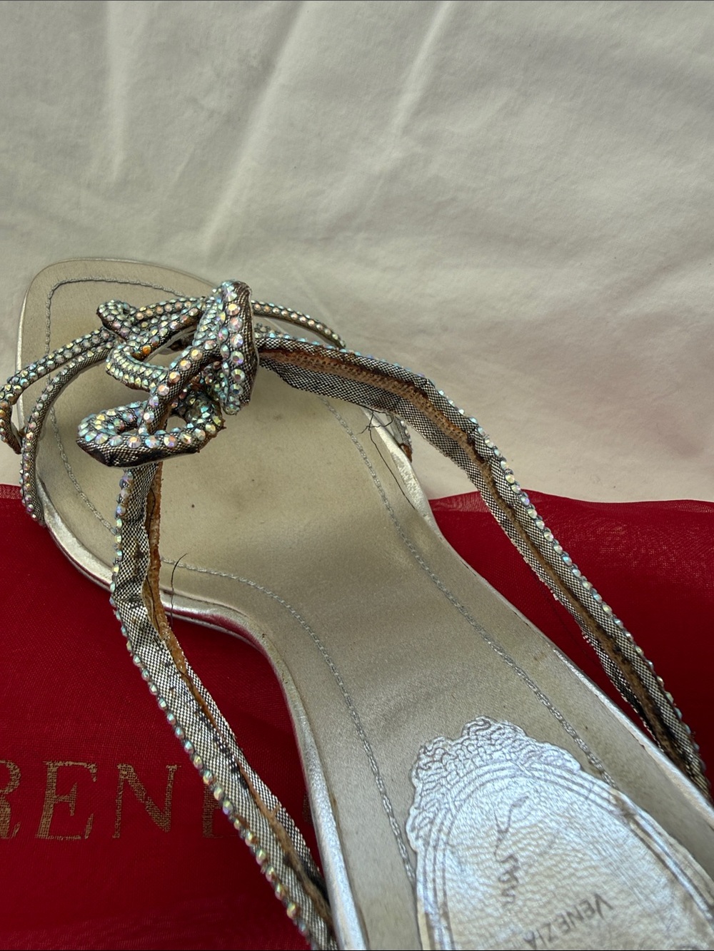 Vintage Rene Caovilla Silver Crystal Knot Strap Heels - Picture 4 of 5